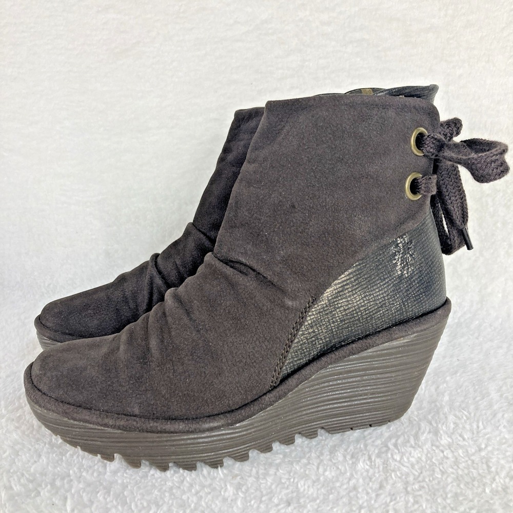 Fly London Yama Women's Suede Wedge Ankle Boots EU 37 US‎ 6.5-7  Gray Boho